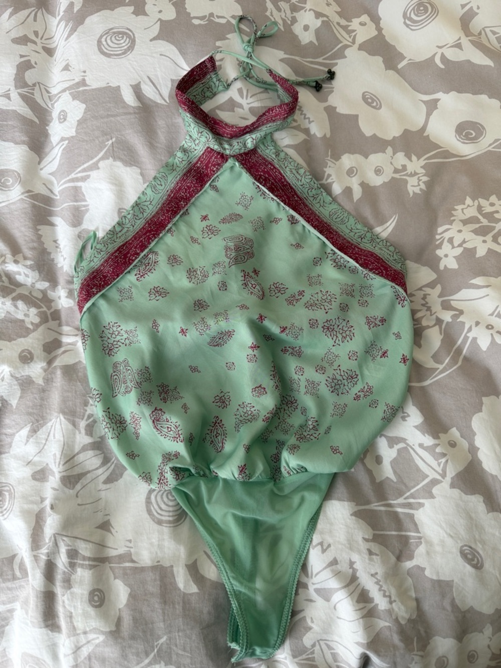 Free People Mint Green Halter Bodysuit with Cranberry Trim